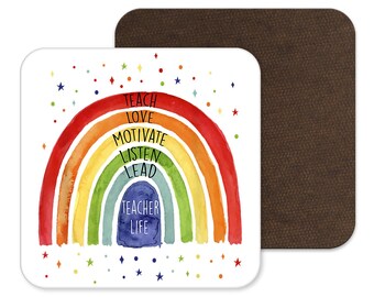 Personalised Rainbow Teacher Coaster - Custom Name - Teacher Appreciation Gift, Ideal Gift for  TA, Teacher, Headteacher, End of Term Gift