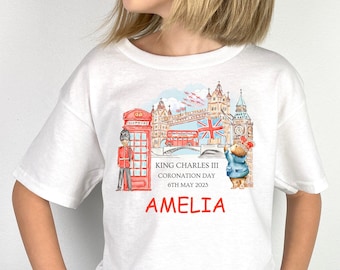 Personalised Coronation Kids T-Shirt with Custom Name, King Charles III, Street Party Outfit, Children's Tee Shirt Top, Keepsake, Gift