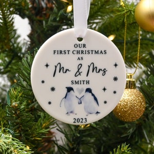 Personalised First Christmas as Mr & Mrs Bauble, Custom 1st Xmas Married Ornament Keepsake, Couples Tree Decoration Gift, Newlywed Gift