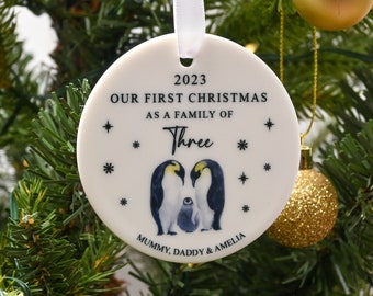 Personalised First Christmas as a Family of Three Bauble, Custom Family of 3 Xmas Ornament, New Baby Gift, Keepsake Decoration, New Parents