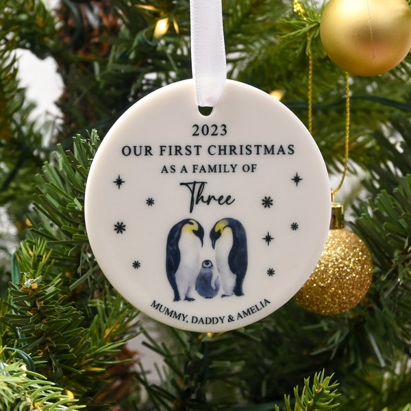 Personalised First Christmas as a Family of Three Bauble, Custom Family of 3 Xmas Ornament, New Baby Gift, Keepsake Decoration, New Parents