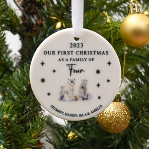 Personalised First Christmas as a Family of Four Bauble, Custom Family of 4 Xmas Ornament, New Baby Gift, Keepsake Decoration, New Parents