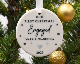 Personalised First Christmas Engaged Bauble, Custom 1st Xmas Engaged Ornament, Engagement Keepsake, Engaged Couple Gift, Engagement Present