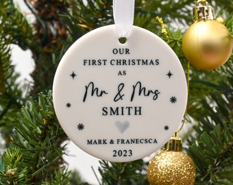 Personalised First Christmas as Mr & Mrs Bauble, Custom 1st Xmas Married Ornament Keepsake, Couples Tree Decoration Gift, Newlywed Gift