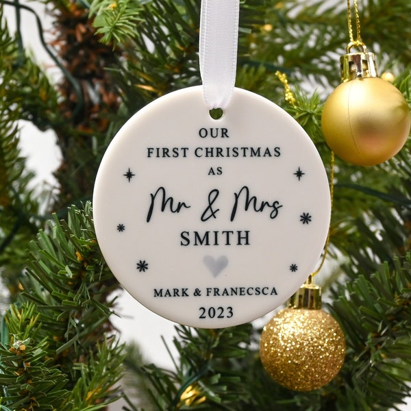 Personalised First Christmas as Mr & Mrs Bauble, Custom 1st Xmas Married Ornament Keepsake, Couples Tree Decoration Gift, Newlywed Gift