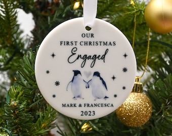 Personalised First Christmas Engaged Bauble, Custom 1st Xmas Engaged Ornament, Engagement Keepsake, Engaged Couple Gift / Present, Penguin