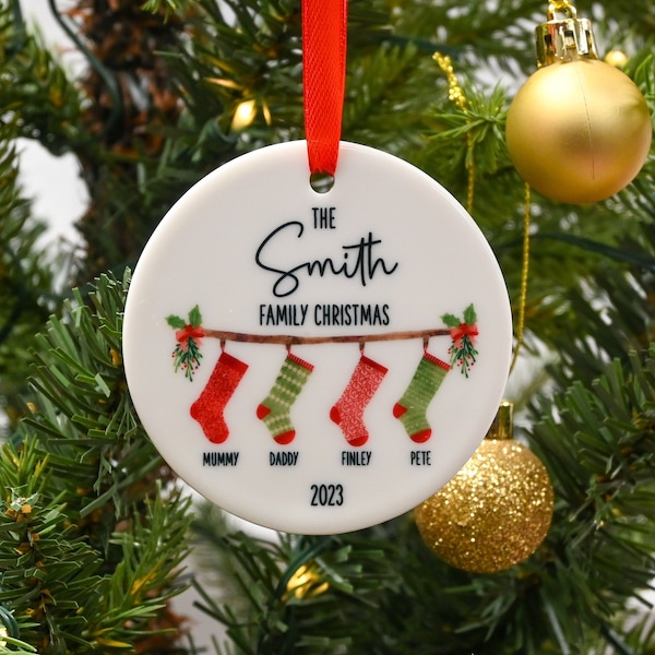 Personalised Family Christmas Ornament, Hanging Stockings, Custom Bauble, Family Gift Decor, First Family Christmas Decoration, Names, 2023