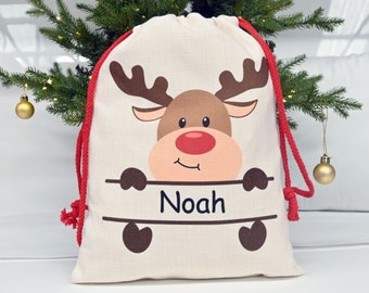 Personalised Christmas Santa Sack with Custom Name | Christmas Present Gift Bag for Under Tree | Reindeer Design | Christmas Eve Keepsake