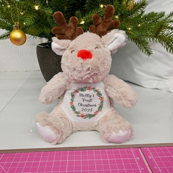 Personalised First Christmas Teddy, Reindeer Soft Toy, Baby 1st Christmas Gift, Custom Cuddly Toy, Baby's First Xmas, New Baby Gift Any Name