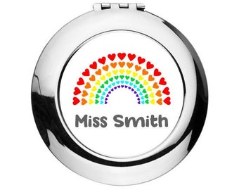 Personalised Compact Mirror, Custom Pocket Mirror, Rainbow Mirror, Silver Chrome, Handbag Mirror, Teacher Gift, End of Term, Beauty Mirror