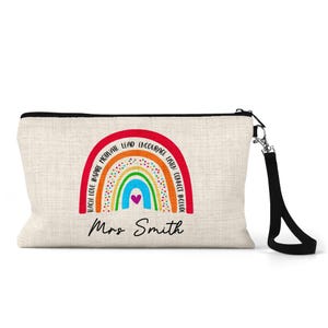 Personalised rainbow teacher pencil case with motivational words and colourful heart rainbow design, custom name gift for end of term, thank you teacher gift, back to school supplies for nursery staff, teaching assistant, SENCO, classroom assistant, personalised stationery pouch for teachers, inspirational rainbow print, custom teacher pencil case UK.
