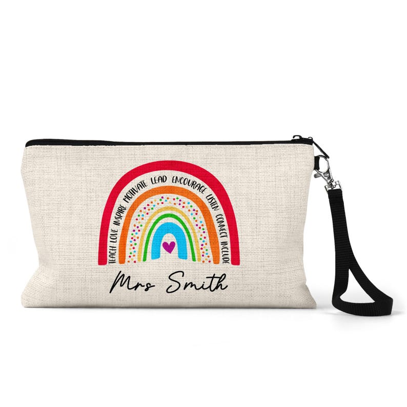 Personalised rainbow teacher pencil case with motivational words and colourful heart rainbow design, custom name gift for end of term, thank you teacher gift, back to school supplies for nursery staff, teaching assistant, SENCO, classroom assistant, personalised stationery pouch for teachers, inspirational rainbow print, custom teacher pencil case UK.