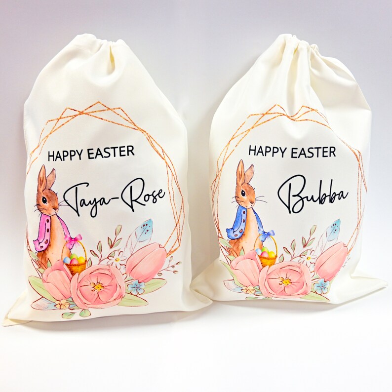 Personalised Easter Bag, Custom Easter Gift, Easter Egg Sack, Easter Bunny Treat Bag, Easter Decoration, Kids Easter Egg Hunt Basket, Rabbit image 1