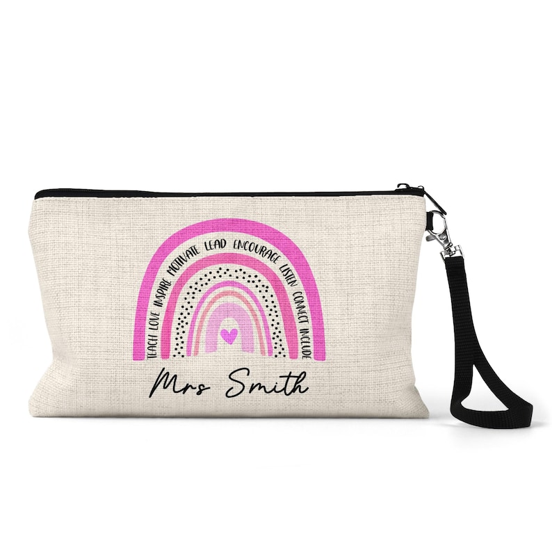Personalised rainbow teacher pencil case with motivational words and colourful heart rainbow design, custom name gift for end of term, thank you teacher gift, back to school supplies for nursery staff, teaching assistant, SENCO, classroom assistant, personalised stationery pouch for teachers, inspirational rainbow print, custom teacher pencil case UK.