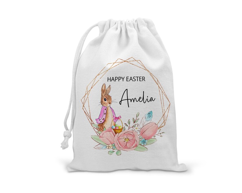 Personalised Easter Bag, Custom Easter Gift, Easter Egg Sack, Easter Bunny Treat Bag, Easter Decoration, Kids Easter Egg Hunt Basket, Rabbit Pink