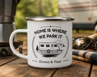 Personalised Campervan Enamel Mug with Names - Grey Home Is Where We Park It Tourer Gift