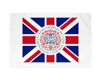 The Coronation 2023 Official Emblem Tea Towel with Union Jack Flag, Coronation of King Charles III, Gift, Keepsake, Souvenir, Memorabilia