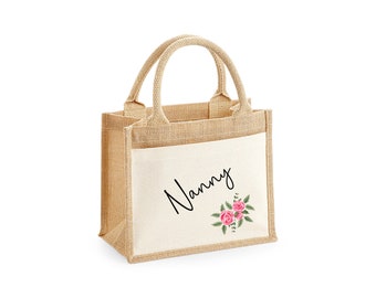 Personalised Floral Name Jute Bag with Front Pocket, Ideal Mothers Day Gift / Birthday Gift for Nanny, Grandma, Nan, Gran, Granny, Mum