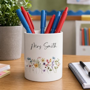 Personalised Teacher Pen Pot, Teacher Appreciation Gift, Custom Teacher Pencil Pot, Desk Organiser, Floral Desk Tidy, TA Assistant Present