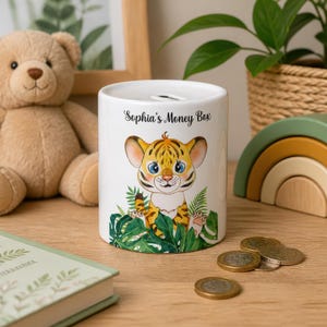Personalised Children's Tiger Money Box | Ceramic Money Box | Piggy Bank | Coin Pot | 1st Birthday Gift | Jungle Theme Nursery Decor