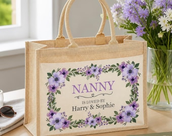 Personalised Floral Jute Tote Bag, Custom Nana Shopping Bag, Mother's Day Gift