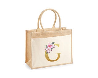 Gold Floral Initial Jute Tote Bag - Custom Gold Letter, Ideal for Lunch, Shopping, Beach, Books - Perfect Gift for Her, Mothers Day Gift