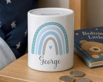 Personalised Rainbow Money Box, Pink or Blue Ceramic Piggy Bank for Kids with Name, Rainbow Bedroom / Nursery Decor, Money Tin, Savings Jar