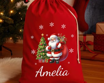 Personalised Christmas Santa Sack with Name - Extra Large Red Gift Bag - Father Xmas Design