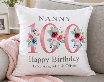 Regalo de cumpleaños número 100 para mujeres, cojín personalizado / almohada para niñera con nombres de niños, diseño floral, regalo de cumpleaños para la abuela, abuela, 1921
