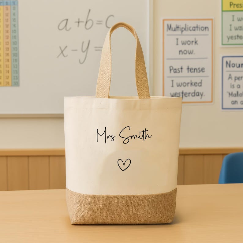Bolsa de yute personalizada para profesores con nombre personalizado, asistentes de enseñanza, regalo de fin de curso para personal de guardería, regalo de agradecimiento. Medium Jute Tote