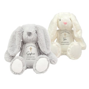 Personalised Christening Bunny Rabbit, Custom Christening Gift, Naming Day, Baptism Keepsake, Baby, Plush Soft Cuddly Toy Girl Boy Teddy