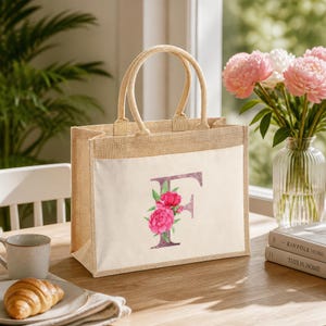 Rose Gold Floral Initial Jute Tote Bag - Custom Gold Letter, Ideal for Lunch, Shopping, Beach, Books - Perfect Gift for Her, Mothers Day