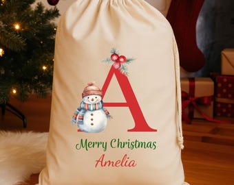 Personalised Christmas Gift Sack with Initial and Name, Snowman – Custom, Cotton Sack, Baby's First Christmas, Christmas Present Gift Bag