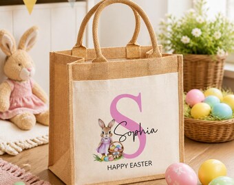 Personalised Easter Bag, Custom Easter Gift, Easter Egg Jute Bag, Easter Bunny Bag, Easter Decoration, Kids Easter Egg Hunt Basket, Rabbit