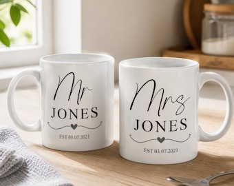 Mr and Mrs Mugs, Personalised Wedding Gift, Custom Anniversary Present, Couples Mugs, Anniversary Gift, Wedding Present, Gift for Couple