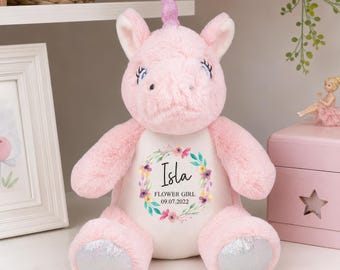 Personalised Flower Girl Unicorn, Custom Flower Girl Gift, Page Boy Gift, Page Boy Teddy Bear, Bridesmaid Gift, Flower Girl Present