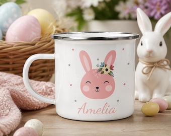 Personalised Easter Bunny Enamel Mug, Custom Name Mug, Kids Easter Gift, Bunny Cup, Spring Mug, Easter Basket Gift
