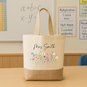 Personalised Floral Teacher Bag with Custom Name TA, Teaching Assistant, Nursery Staff End Term Gift, Thank You Present Hessian Jute Tote image 2
