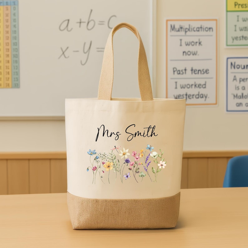 Personalised Floral Teacher Bag with Custom Name TA, Teaching Assistant, Nursery Staff End Term Gift, Thank You Present Hessian Jute Tote image 2