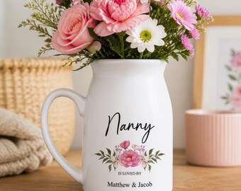 Personalised Nanny Milk Jug Vase with Kids Names, Present for Mum, Nanny, Grandma, Custom Mothers Day Gift, Gift for Her, Gift from Children