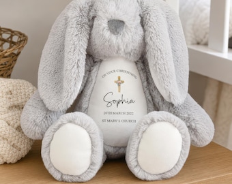 Personalised Christening Bunny Rabbit, Custom Christening Gift, Naming Day, Baptism Keepsake, Baby, Plush Soft Cuddly Toy Girl Boy Teddy