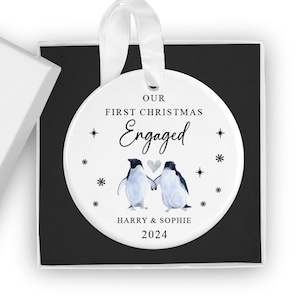 Personalised 2024 First Christmas Engaged Bauble, Custom 1st Xmas Engaged Ornament, Keepsake, Engaged Couple Gift / Present, Penguin