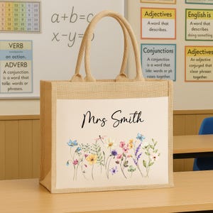 Personalised Floral Teacher Bag with Custom Name TA, Teaching Assistant, Nursery Staff End Term Gift, Thank You Present Hessian Jute Tote image 3