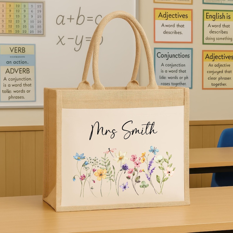 Personalised Floral Teacher Bag with Custom Name TA, Teaching Assistant, Nursery Staff End Term Gift, Thank You Present Hessian Jute Tote image 3