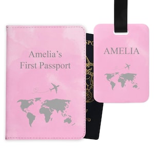 Pink Custom Passport Cover & Luggage Tag Set – Personalised World Map First Passport Gift for Baby, Child or Travel Lover