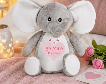 Personalised Valentines Elephant Teddy, Custom Valentines Day Gift for Her, Be My Valentine, Soft Toy Plush, Girlfriend or Boyfriend Present