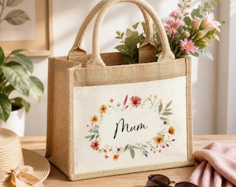 Personalised Jute Bag, Custom Large Shopping Tote Bag with Pocket Birthday / Mothers Day Gift Women, Grandma, Mum, Nanny, Granny, Floral