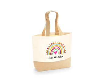 Personalised Jute Teacher Bag - Custom Name - Rainbow Theme End of Term Leaving Gift - Ideal Teacher Appreciation Gift - Thank You Present