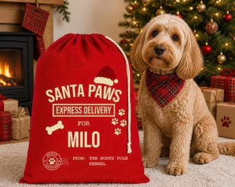 Red Santa Paws Personalised Dog Christmas Sack – Express Delivery Gift Bag with Name