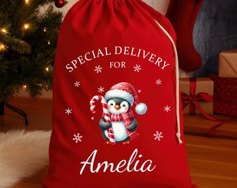 Personalised Christmas Santa Sack with Name - Extra Large Red Gift Bag - Penguin Design